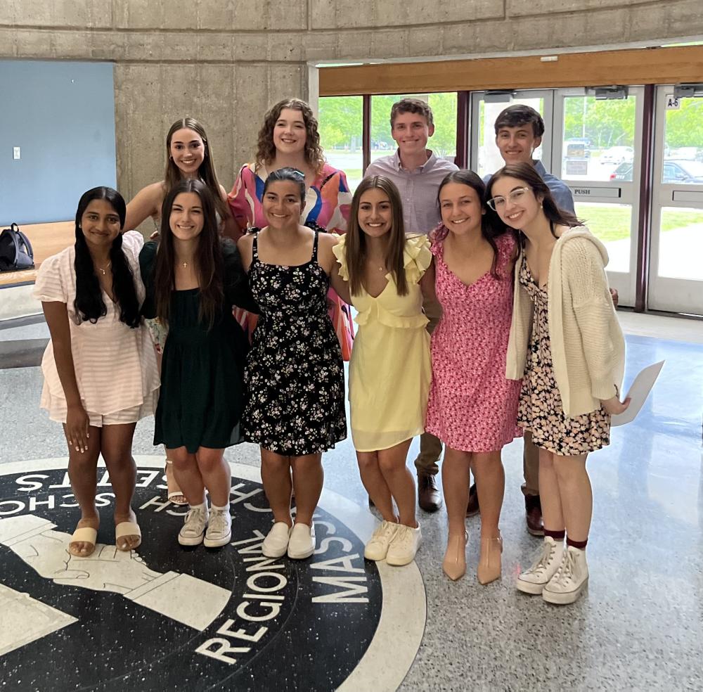 The top 10 students of Apponequet Regional High School’s class of 2023. Back row, from left, Rebecca DiClemente, Jocelyn Carvalho, Eoin Gallagher, and Lucas Quinn. Front row, from left, Amirtha Santhosh, Katelyn Hague, Abigail Menendez, Sophia Kyranos, Elizabeth Ashley and Mary Tomaszewski. Photo by Rusty Gorelick