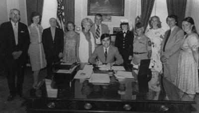 Jan Lewis Nelson, second from left, attended the signing ceremony in 1983 when Gov. Michael Dukakis named Deborah Sampson the state’s official heroine.