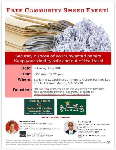 SHRED DAY, Free event, Marion MA, Damien’s Food Pantry