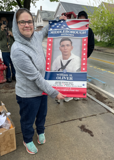 The banner honoring William Oliver hangs near the residence of his daughter, Lisa Lake. Photo by Sandy Quadros Bowles