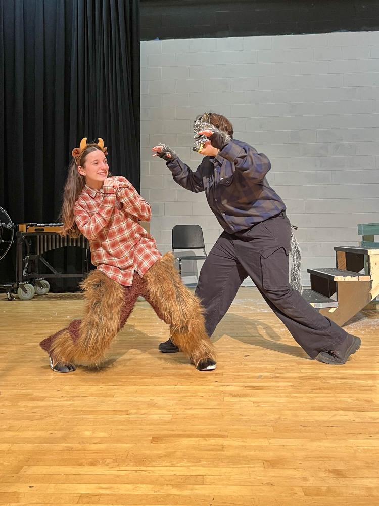 Fenris Ulf played by Autumn Branco lunges at Tumnus played by Jaydis Carleton during rehearsal on May 5. Photos by Susan Schobel