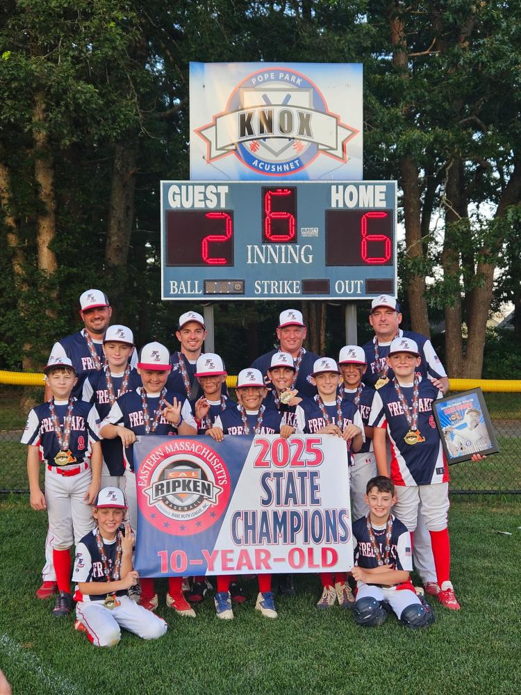 The Free-Lake 10U All Star baseball team poses after their win at the Cal Ripken Baseball Eastern Massachusetts State Championship on July 12. This year’s win marked the third consecutive year the team has won the state championship. Photos source: Eddy Rasar