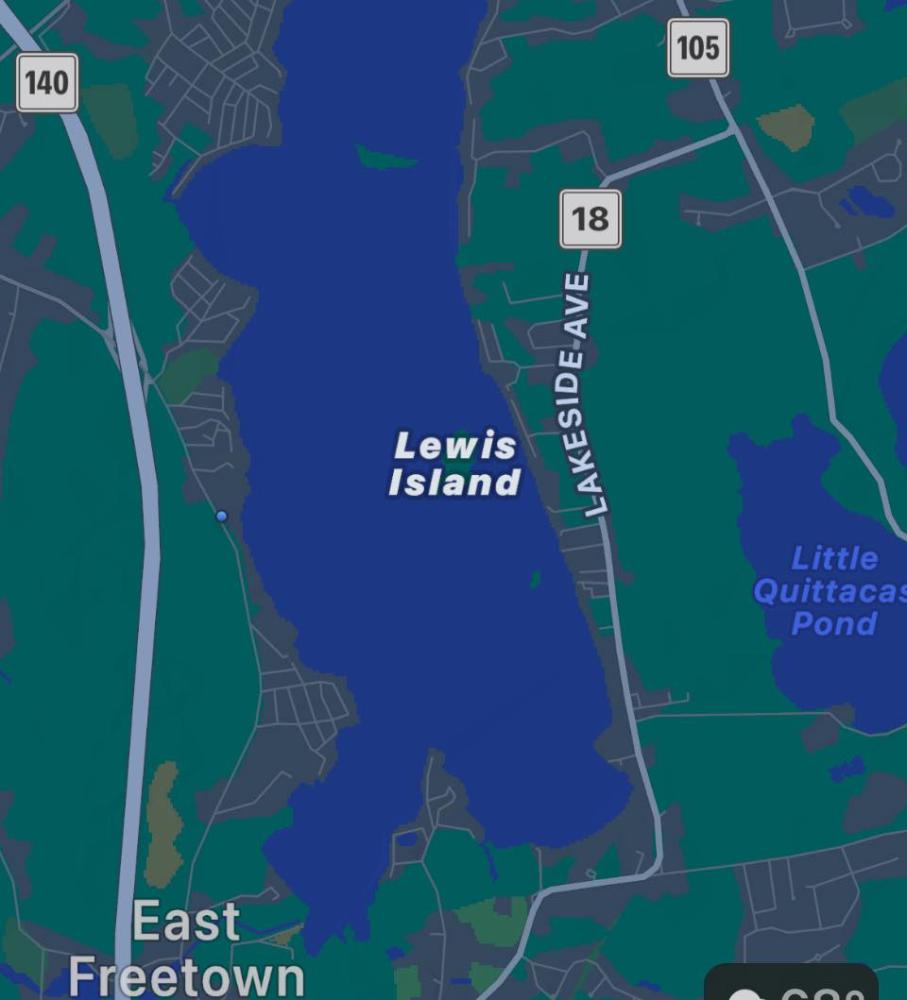 A map of Lewis Island on Long Pond, the location the missing individual was found by a Lakeville Police Department officer during the multi-agency response. EMS