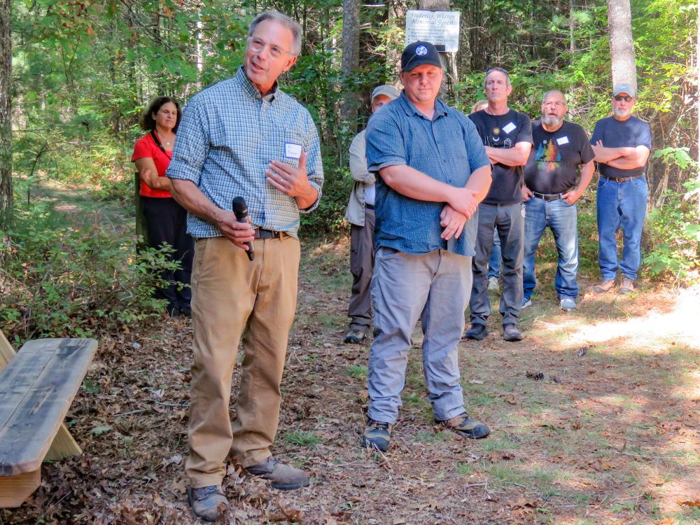 Foresters Phil Benjamin (left) and Tom Farrell guide a tour group at the Frederick Weston Memorial Forest. Foresters Phil Benjamin (left) and Tom Farrell guide a tour group at the Frederick Weston Memorial Forest.
