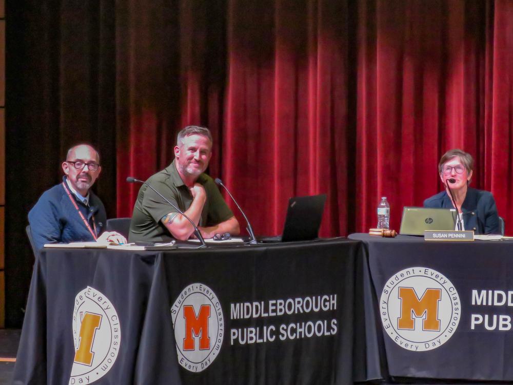 From left: Principals Paul Branagan and Timothy McLaughlin and Susan Pennini, vice chairperson of the school committee, at the Oct. 9 school committee meeting. 