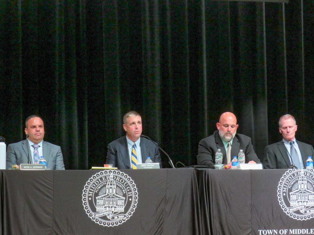 Members of the Select Board and Town Manager James McGrail at the Special Town Meeting. Members of the Select Board and Town Manager James McGrail at the Special Town Meeting.