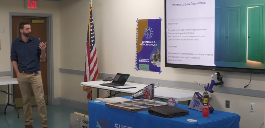 Matt Perry, a local insulation contractor, speaks at a past Sustainable Middleboro event. 