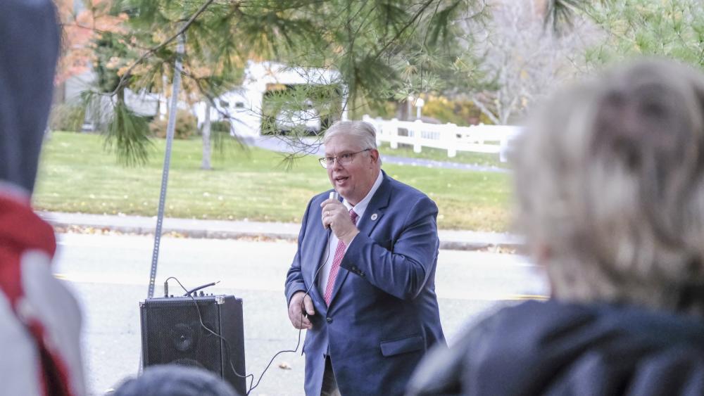 Norman Orrall speaks at the first pitstop during the Lakeville veteran’s day events. Photo by Sam Tucker