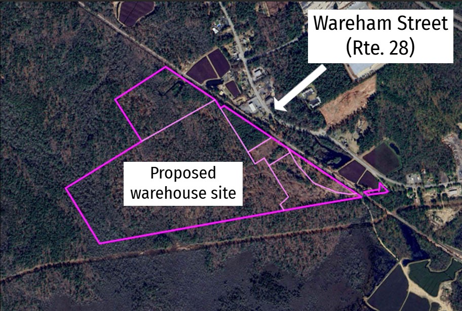 The proposed site of the warehouse, which would abut the railroad tracks along Wareham Street near the Middleboro-Rochester border. Photo source: Wareham Conservation Commission