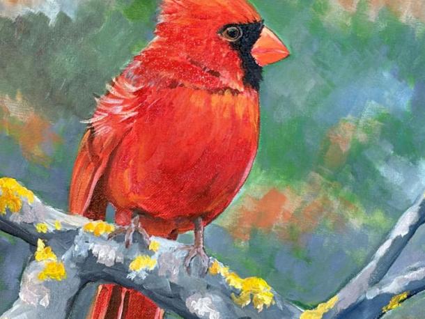 A cardinal pained by artist Elsie Goldstein. Photo source: Lakeville Public Library