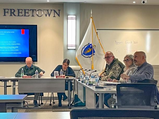 From left: Town Manager Andrew Sukeforth, executive assistant Colleen Lieb, and Select Board members Paul Hunt, Lorraine Carboni and Christopher Plonka at the joint Lakeville-Freetown Select Board meeting Nov. 3 in Freetown.