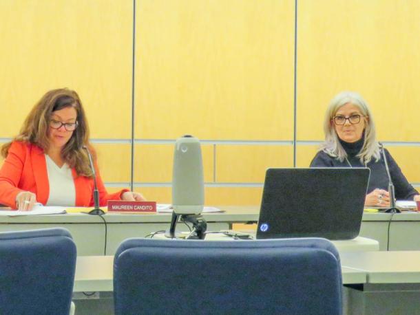 Select Board Chair Maureen Candito, left, and Vice Chair Lorraine Carboni at the Nov. 26 meeting. Photo by Grace Roche