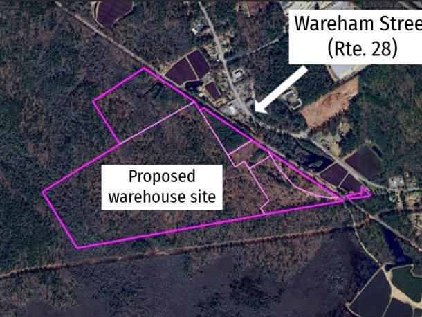 The proposed site of the warehouse, which would abut the railroad tracks along Wareham Street near the Middleboro-Rochester border. Photo source: Wareham Conservation Commission