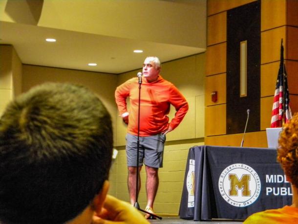 Middleboro Sachems head football coach Pat Kingman speaks to his team and the School Committee at the Oct. 8 meeting. Photo by Christian Uva