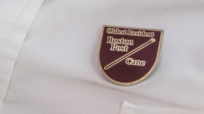 The Boston Post Cane pin Fernandes was awarded on Saturday. Since the cane belongs to the town, it is passed on to the next oldest resident upon the previous holder's death.