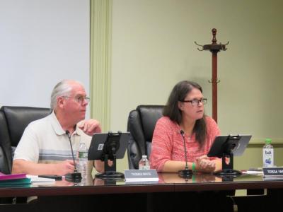 Select Board members Thomas White and Teresa Farley at the Monday night meeting. 