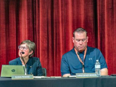 School committee members Susan Pennini and Christopher Benson during the committee's meeting. 