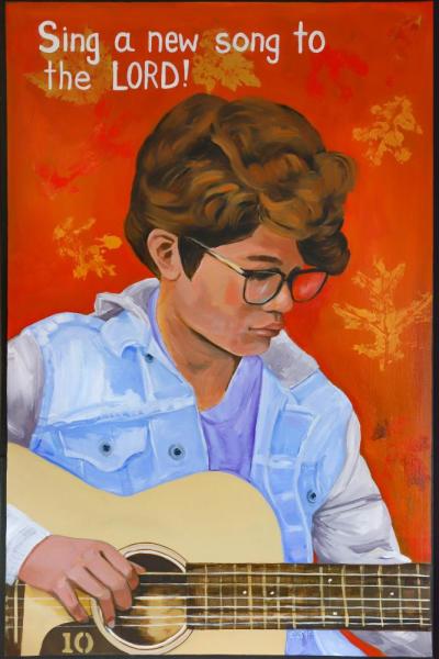 One of Goldstein's paintings depicts a figure playing guitar. 