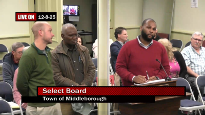 From left: Bridgewater's water Superintendent William Young, public works Director Azu Etoniru and Town Manager Justin Casanova-Davis speak at the Middleboro Select Board meeting Monday, Dec. 8. Photo source: MCCAM