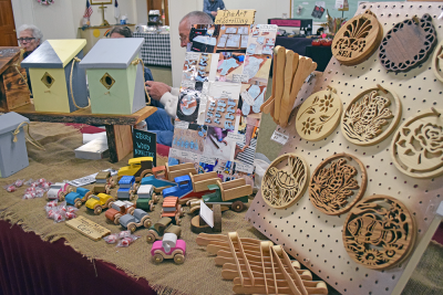 Some wooden pieces, such as toys and signs. 