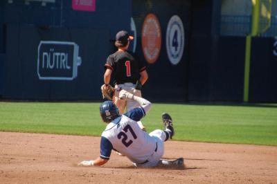 Sean Lundrigan slides onto second base. 