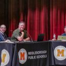 From left: Principals Paul Branagan and Timothy McLaughlin and Susan Pennini, vice chairperson of the school committee, at the Oct. 9 school committee meeting. 