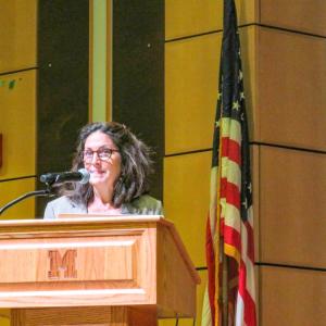Larissa Hallgren speaks about the town's history. 