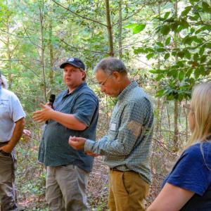 Tom Farrell (center), a Middleboro forester, answers questions during a tour of the Frederick Weston Memorial Forest.