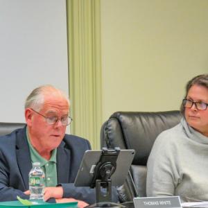 Select Board members Thomas White and Teresa Farley at the board meeting Monday night. 