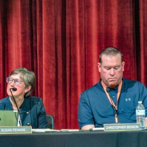 School committee members Susan Pennini and Christopher Benson during the committee's meeting. 