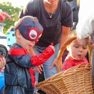 Two boys dressed as Spider-Man pick candy from a basket at Ted Williams Camp during the trunk or treat Oct. 19. 