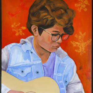 One of Goldstein's paintings depicts a figure playing guitar. 