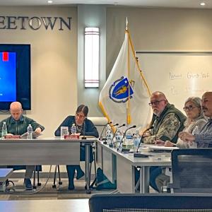 From left: Town Manager Andrew Sukeforth, executive assistant Colleen Lieb, and Select Board members Paul Hunt, Lorraine Carboni and Christopher Plonka at the joint Lakeville-Freetown Select Board meeting Nov. 3 in Freetown.