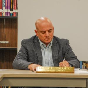 Old Colony's Superintendent Aaron Polansky at the Wednesday, April 22 meeting. Photos by Mari Huglin