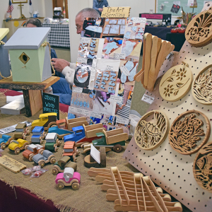 Some wooden pieces, such as toys and signs. 
