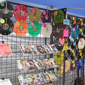 Vinyl records repurposed as clocks. 