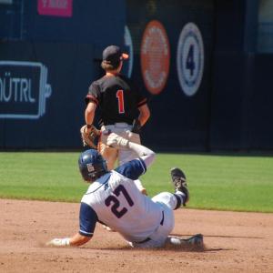 Sean Lundrigan slides onto second base. 