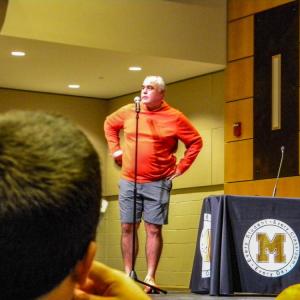 Middleboro Sachems head football coach Pat Kingman speaks to his team and the School Committee at the Oct. 8 meeting. Photo by Christian Uva